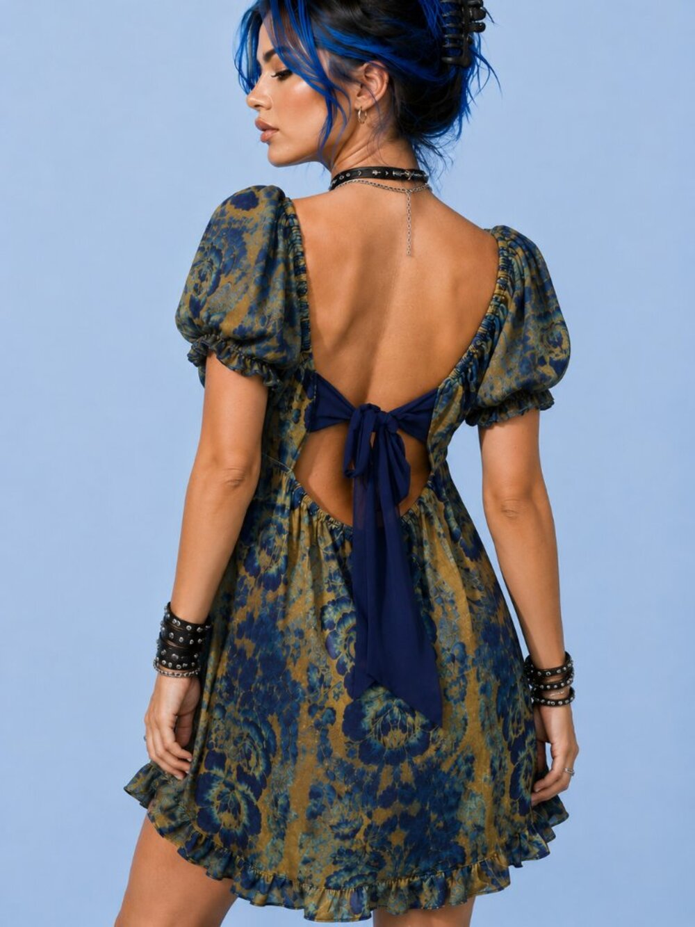 Urban Outfitters Blue & Gold Floral Empire Waist Open Back Mini Dress